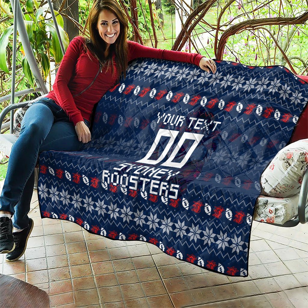 Personalized Sydney Roosters Christmas Quilt Australian Rugby Fans - Pixelated Ugly Xmas Pattern Mascot Santa