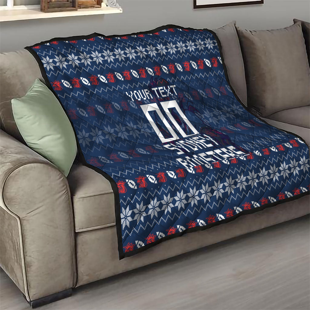 Personalized Sydney Roosters Christmas Quilt Australian Rugby Fans - Pixelated Ugly Xmas Pattern Mascot Santa