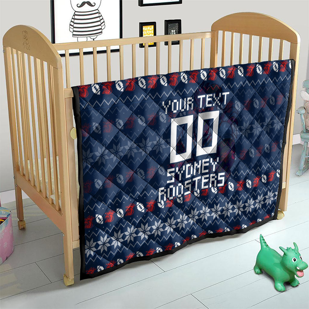 Personalized Sydney Roosters Christmas Quilt Australian Rugby Fans - Pixelated Ugly Xmas Pattern Mascot Santa