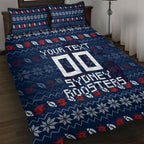 Personalized Sydney Roosters Christmas Quilt Bed Set Australian Rugby Fans - Pixelated Ugly Xmas Pattern Mascot Santa