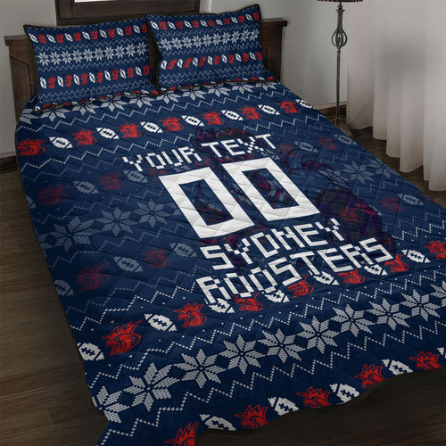 Personalized Sydney Roosters Christmas Quilt Bed Set Australian Rugby Fans - Pixelated Ugly Xmas Pattern Mascot Santa