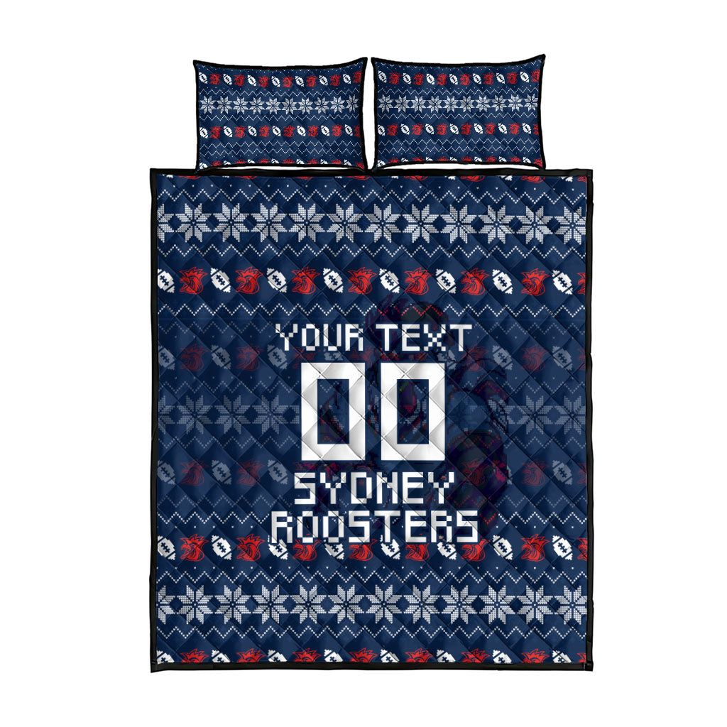 Personalized Sydney Roosters Christmas Quilt Bed Set Australian Rugby Fans - Pixelated Ugly Xmas Pattern Mascot Santa