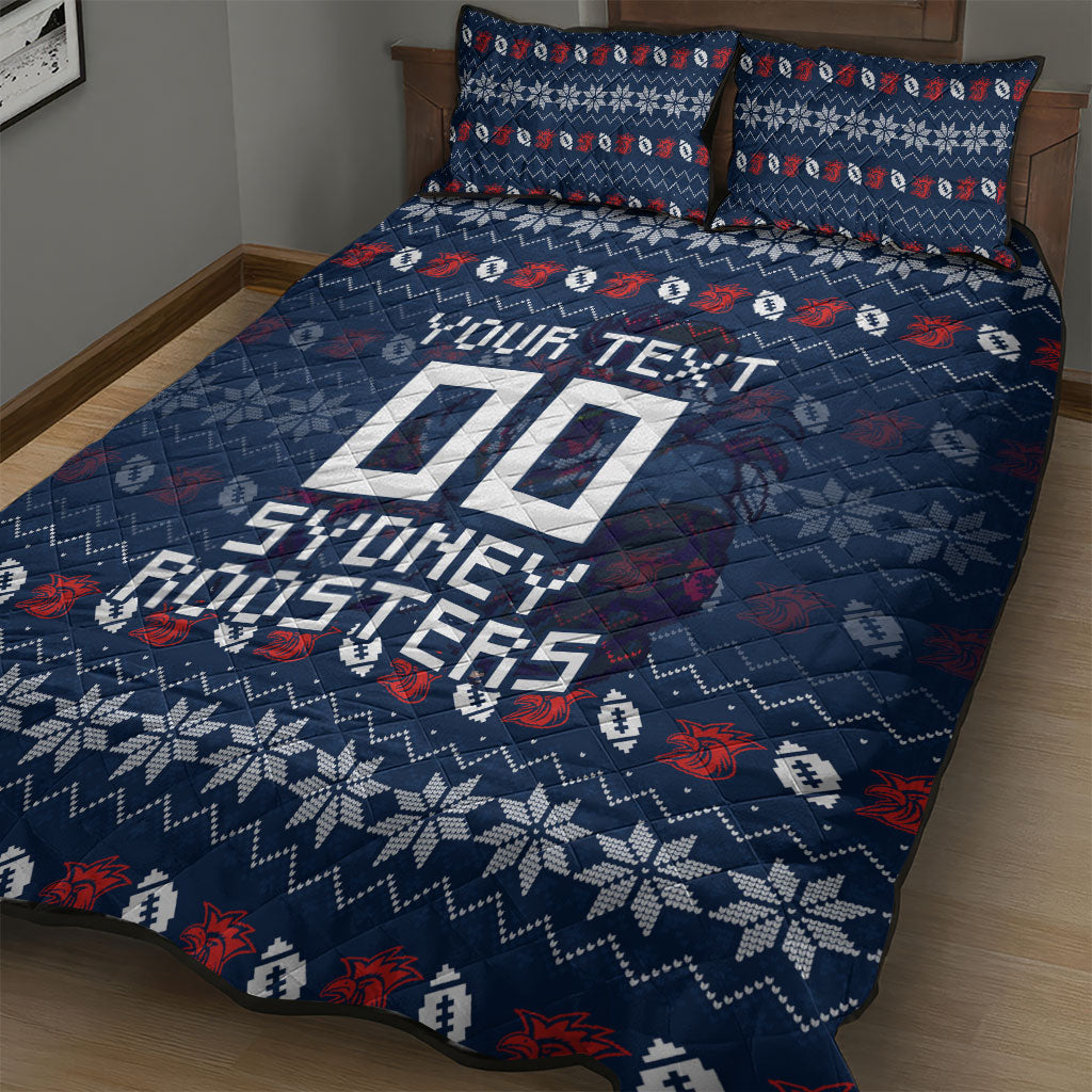 Personalized Sydney Roosters Christmas Quilt Bed Set Australian Rugby Fans - Pixelated Ugly Xmas Pattern Mascot Santa