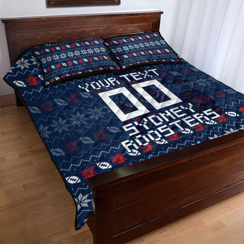 Personalized Sydney Roosters Christmas Quilt Bed Set Australian Rugby Fans - Pixelated Ugly Xmas Pattern Mascot Santa
