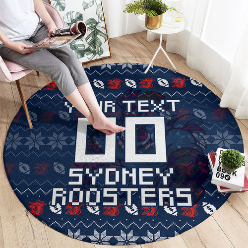 Personalized Sydney Roosters Christmas Round Carpet Australian Rugby Fans - Pixelated Ugly Xmas Pattern Mascot Santa