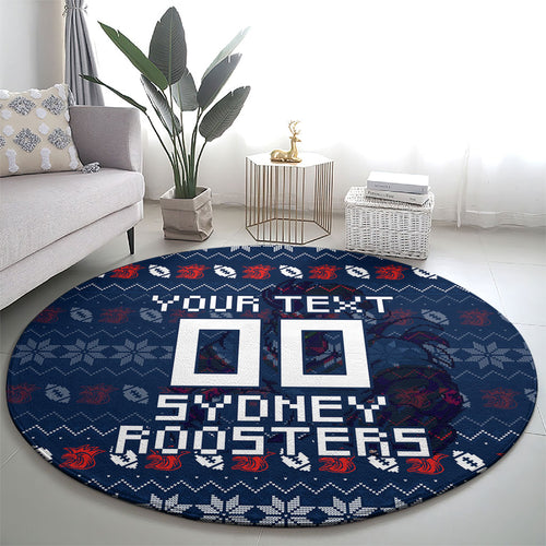 Personalized Sydney Roosters Christmas Round Carpet Australian Rugby Fans - Pixelated Ugly Xmas Pattern Mascot Santa