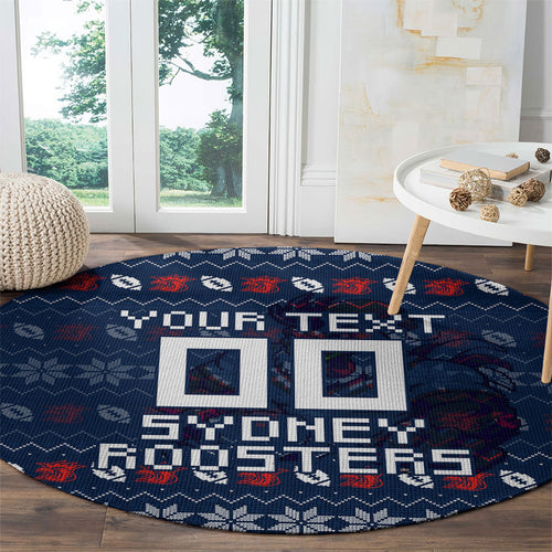 Personalized Sydney Roosters Christmas Round Carpet Australian Rugby Fans - Pixelated Ugly Xmas Pattern Mascot Santa