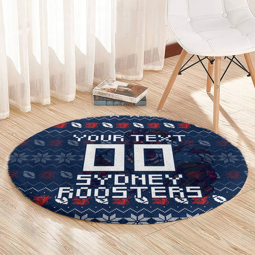 Personalized Sydney Roosters Christmas Round Carpet Australian Rugby Fans - Pixelated Ugly Xmas Pattern Mascot Santa