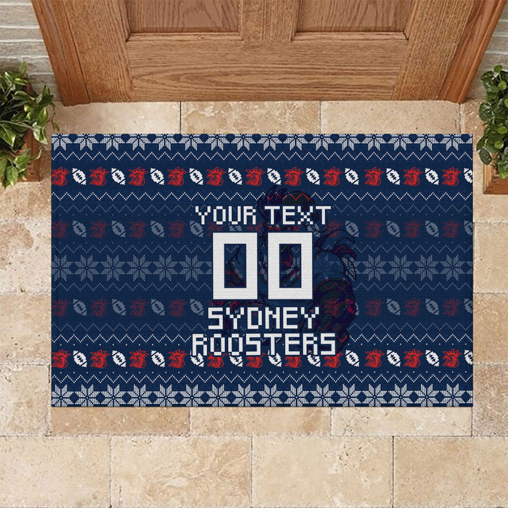 Personalized Sydney Roosters Christmas Rubber Doormat Australian Rugby Fans - Pixelated Ugly Xmas Pattern Mascot Santa