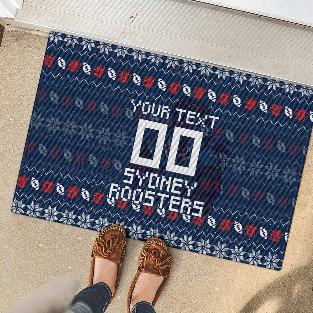 Personalized Sydney Roosters Christmas Rubber Doormat Australian Rugby Fans - Pixelated Ugly Xmas Pattern Mascot Santa