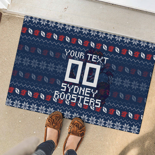 Personalized Sydney Roosters Christmas Rubber Doormat Australian Rugby Fans - Pixelated Ugly Xmas Pattern Mascot Santa