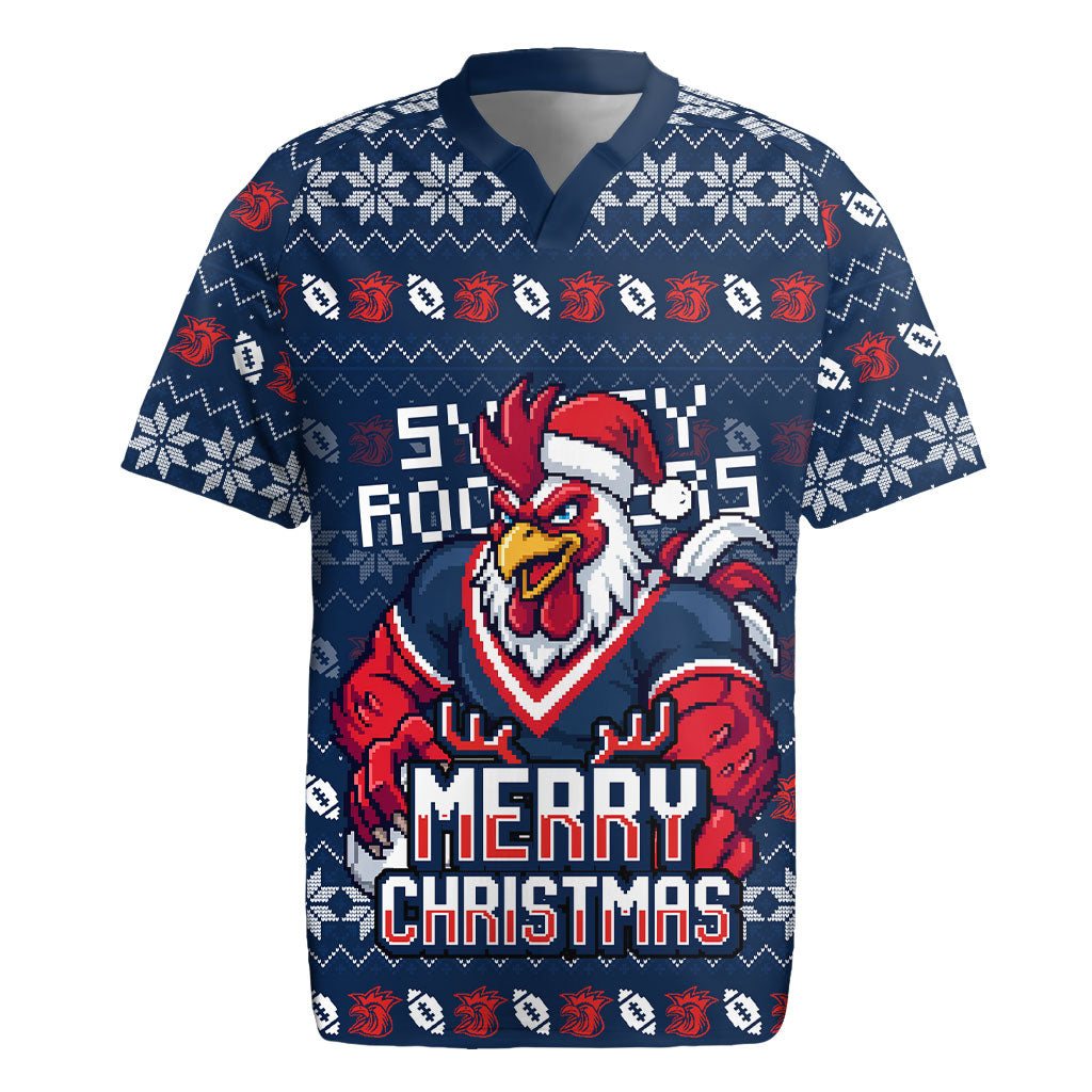 Personalized Sydney Roosters Christmas Rugby Jersey Australian Rugby Fans - Pixelated Ugly Xmas Pattern Mascot Santa