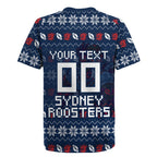 Personalized Sydney Roosters Christmas Rugby Jersey Australian Rugby Fans - Pixelated Ugly Xmas Pattern Mascot Santa