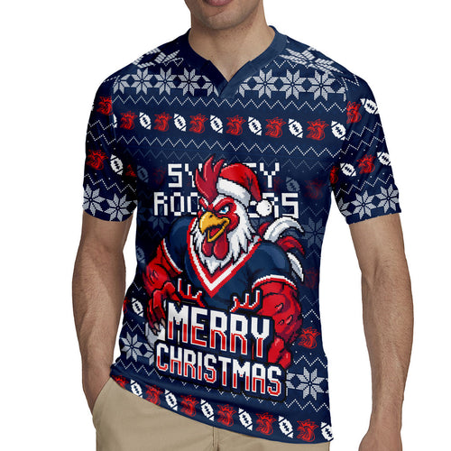 Personalized Sydney Roosters Christmas Rugby Jersey Australian Rugby Fans - Pixelated Ugly Xmas Pattern Mascot Santa