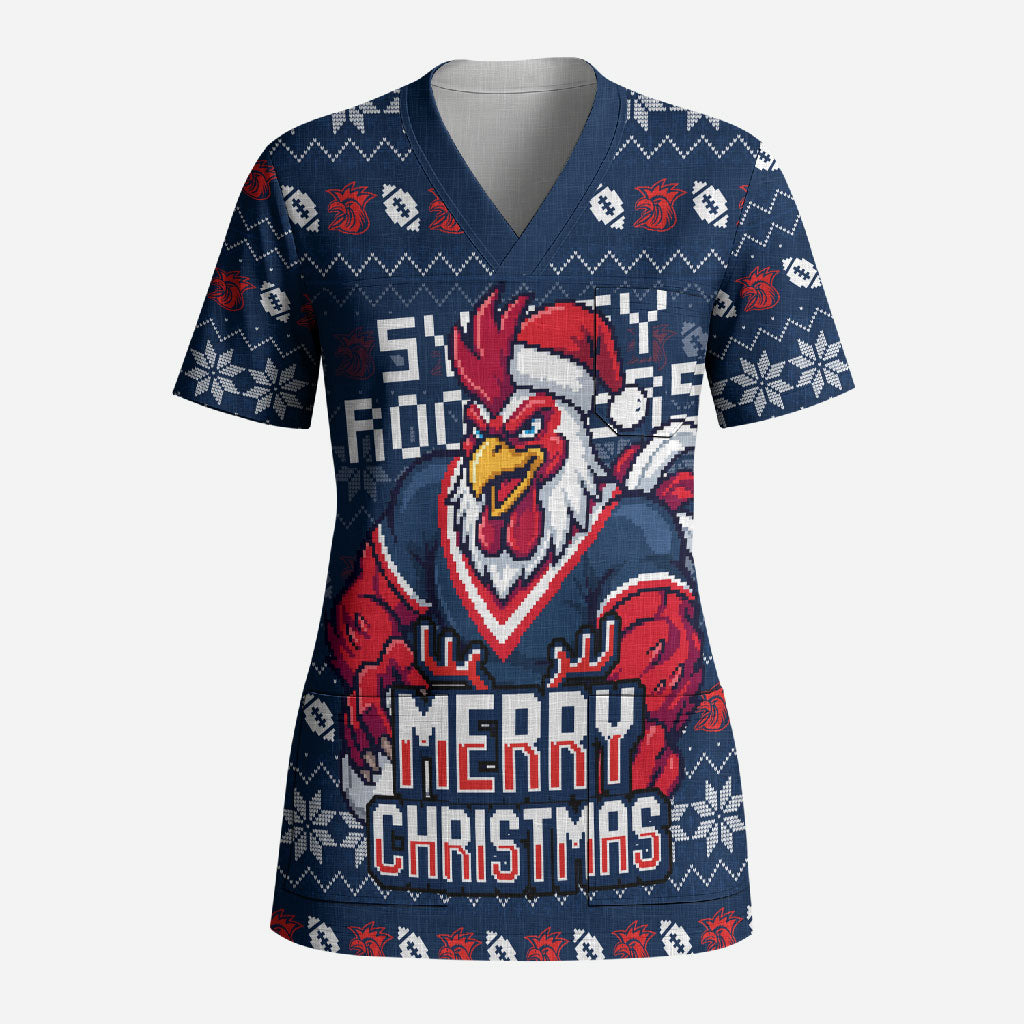 Personalized Sydney Roosters Christmas Scrub Top Australian Rugby Fans - Pixelated Ugly Xmas Pattern Mascot Santa