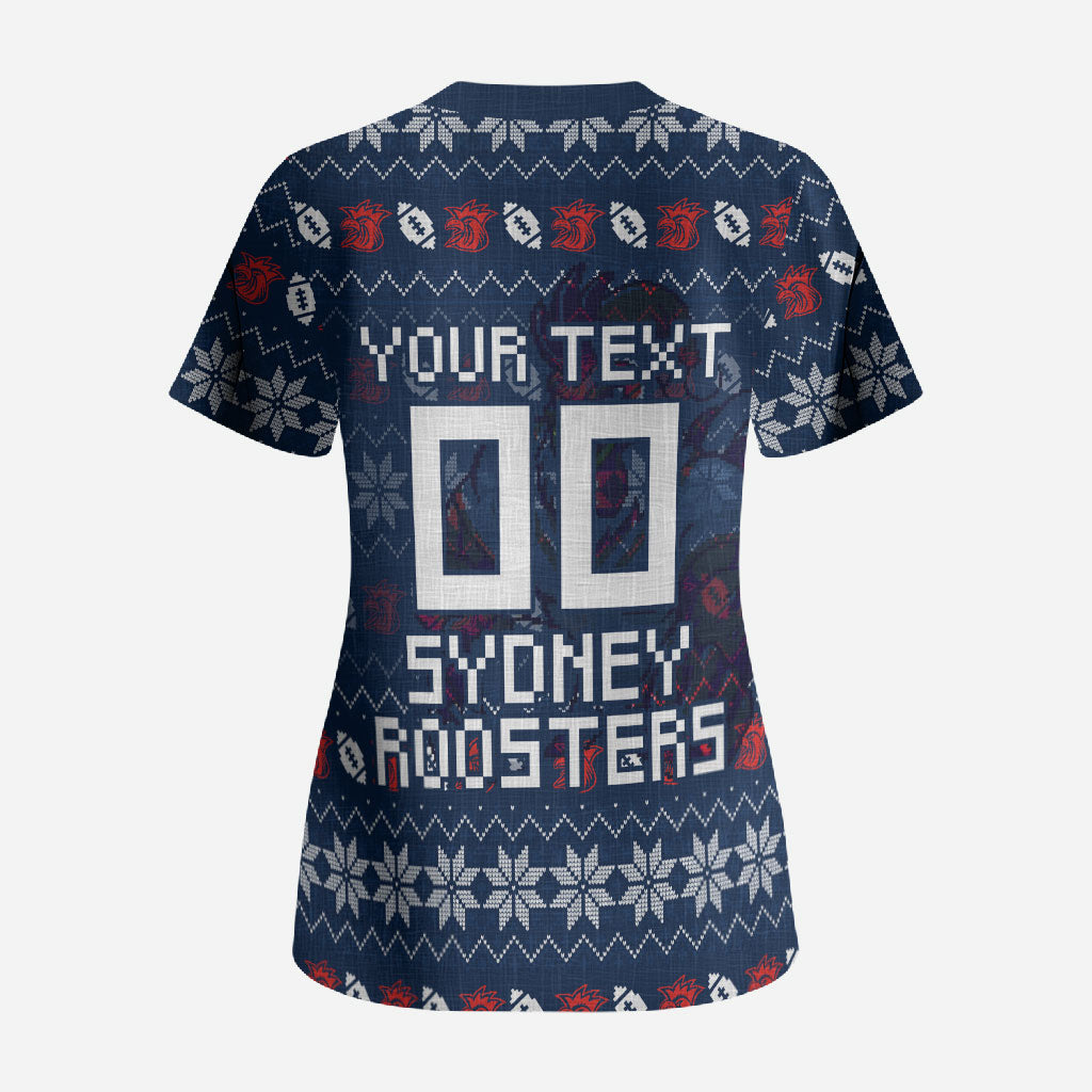Personalized Sydney Roosters Christmas Scrub Top Australian Rugby Fans - Pixelated Ugly Xmas Pattern Mascot Santa