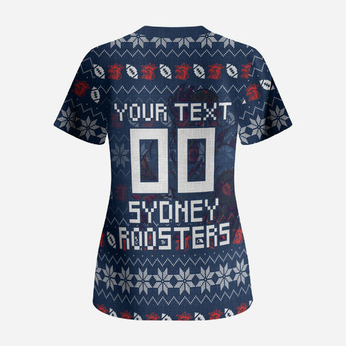 Personalized Sydney Roosters Christmas Scrub Top Australian Rugby Fans - Pixelated Ugly Xmas Pattern Mascot Santa