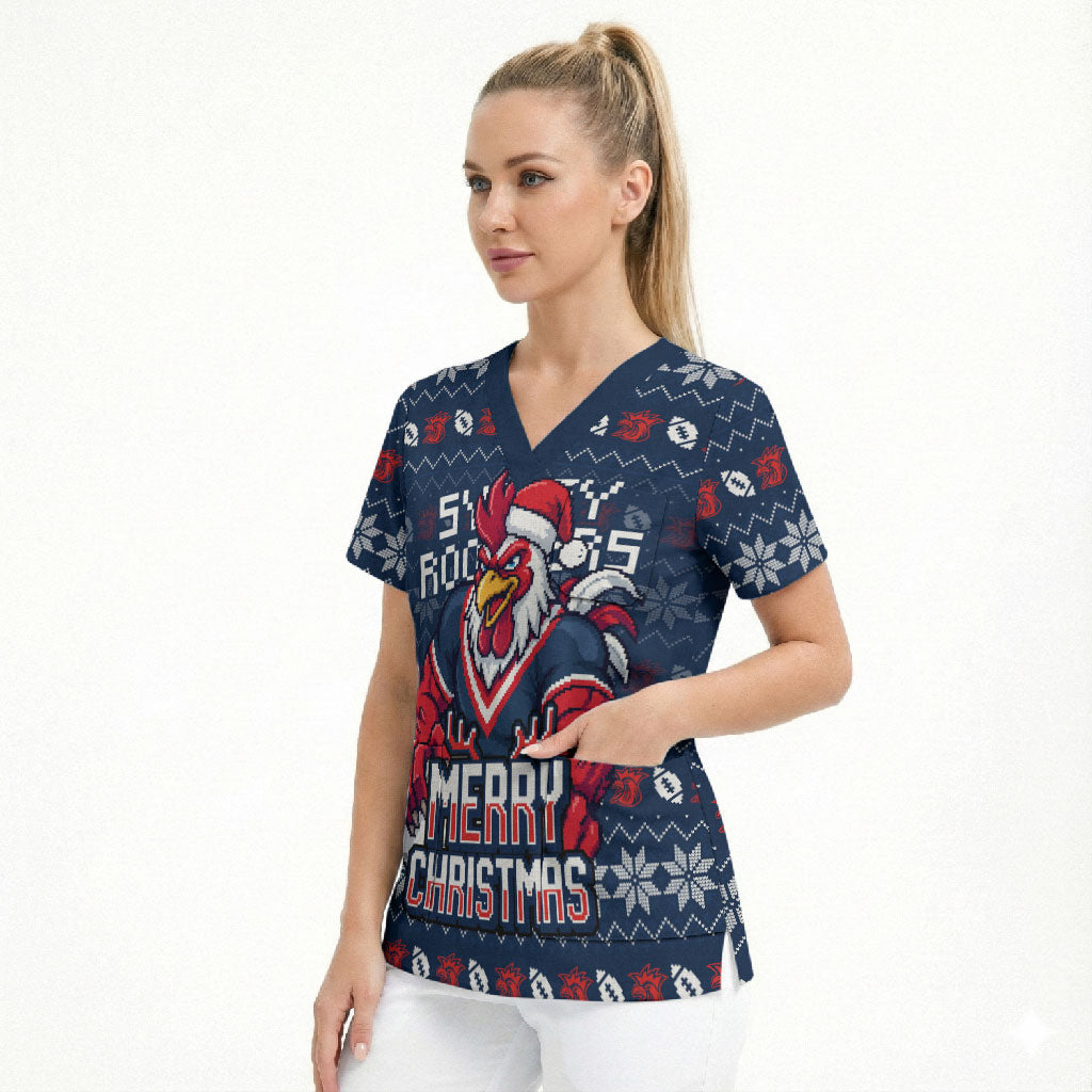 Personalized Sydney Roosters Christmas Scrub Top Australian Rugby Fans - Pixelated Ugly Xmas Pattern Mascot Santa