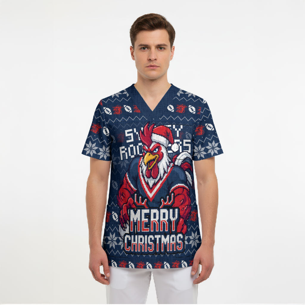 Personalized Sydney Roosters Christmas Scrub Top Australian Rugby Fans - Pixelated Ugly Xmas Pattern Mascot Santa