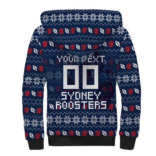 Personalized Sydney Roosters Christmas Sherpa Hoodie Australian Rugby Fans - Pixelated Ugly Xmas Pattern Mascot Santa