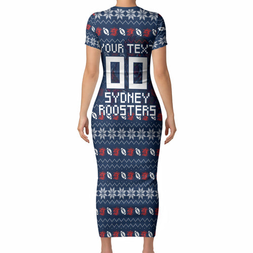 Personalized Sydney Roosters Christmas Short Sleeve Bodycon Dress Australian Rugby Fans - Pixelated Ugly Xmas Pattern Mascot Santa