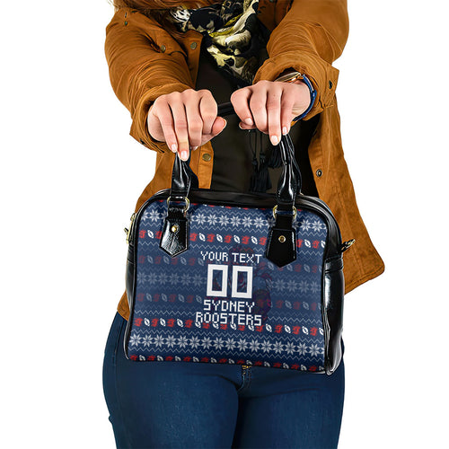 Personalized Sydney Roosters Christmas Shoulder Handbag Australian Rugby Fans - Pixelated Ugly Xmas Pattern Mascot Santa