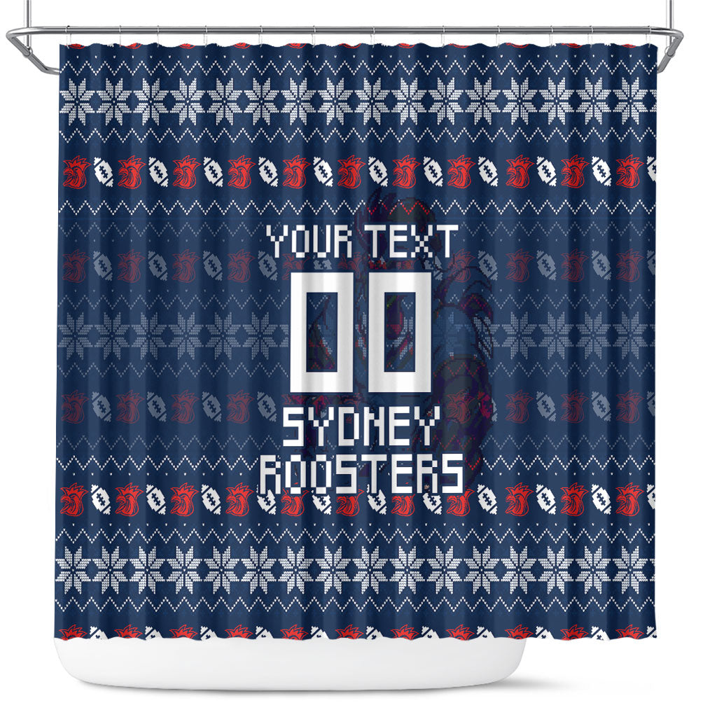 Personalized Sydney Roosters Christmas Shower Curtain Australian Rugby Fans - Pixelated Ugly Xmas Pattern Mascot Santa