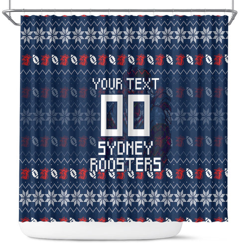 Personalized Sydney Roosters Christmas Shower Curtain Australian Rugby Fans - Pixelated Ugly Xmas Pattern Mascot Santa