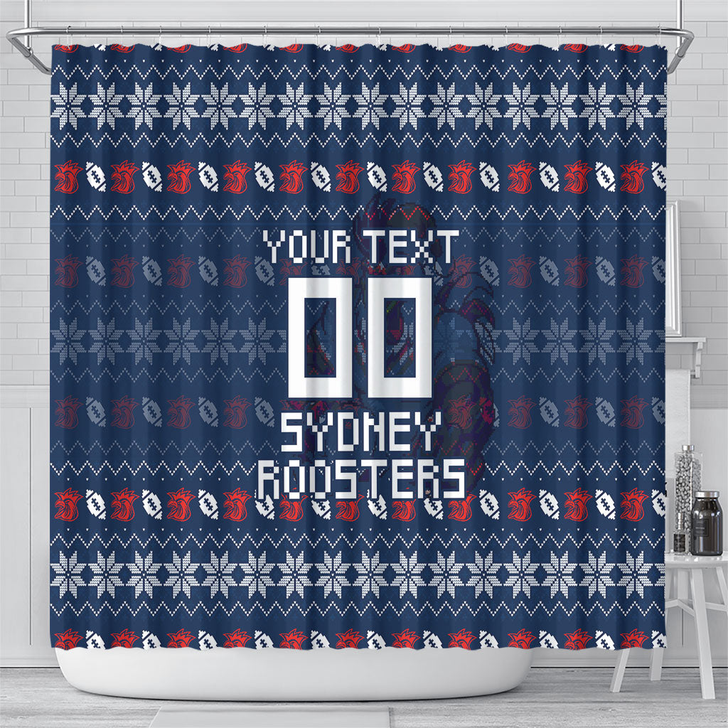 Personalized Sydney Roosters Christmas Shower Curtain Australian Rugby Fans - Pixelated Ugly Xmas Pattern Mascot Santa