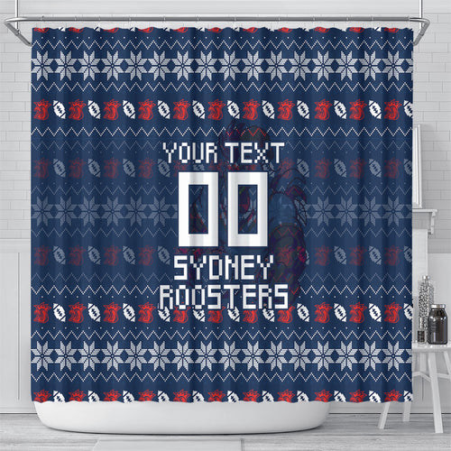 Personalized Sydney Roosters Christmas Shower Curtain Australian Rugby Fans - Pixelated Ugly Xmas Pattern Mascot Santa