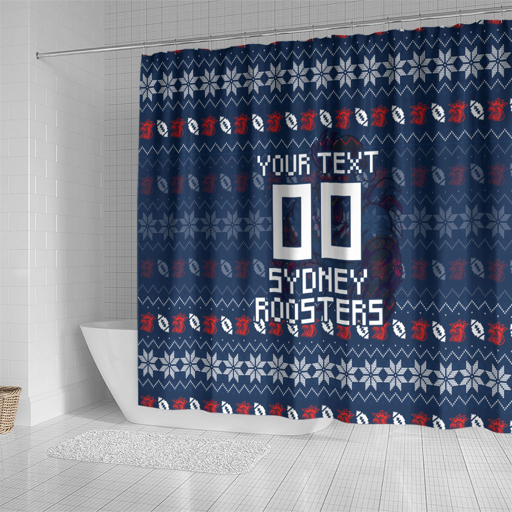 Personalized Sydney Roosters Christmas Shower Curtain Australian Rugby Fans - Pixelated Ugly Xmas Pattern Mascot Santa