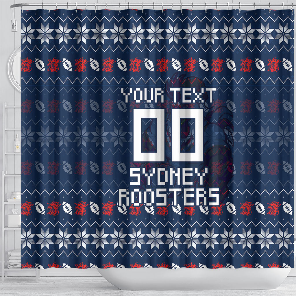 Personalized Sydney Roosters Christmas Shower Curtain Australian Rugby Fans - Pixelated Ugly Xmas Pattern Mascot Santa