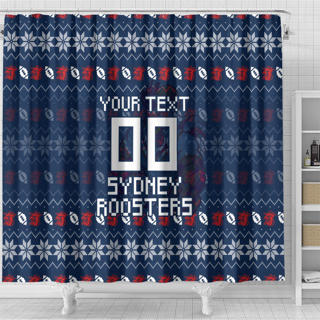 Personalized Sydney Roosters Christmas Shower Curtain Australian Rugby Fans - Pixelated Ugly Xmas Pattern Mascot Santa