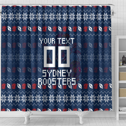 Personalized Sydney Roosters Christmas Shower Curtain Australian Rugby Fans - Pixelated Ugly Xmas Pattern Mascot Santa