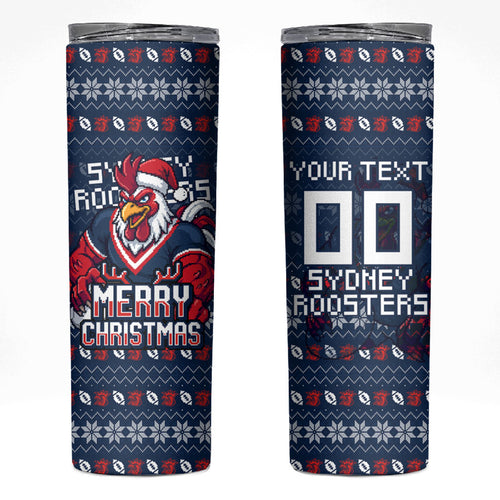 Personalized Sydney Roosters Christmas Skinny Tumbler Australian Rugby Fans - Pixelated Ugly Xmas Pattern Mascot Santa