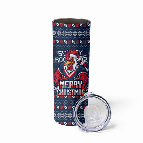 Personalized Sydney Roosters Christmas Skinny Tumbler Australian Rugby Fans - Pixelated Ugly Xmas Pattern Mascot Santa