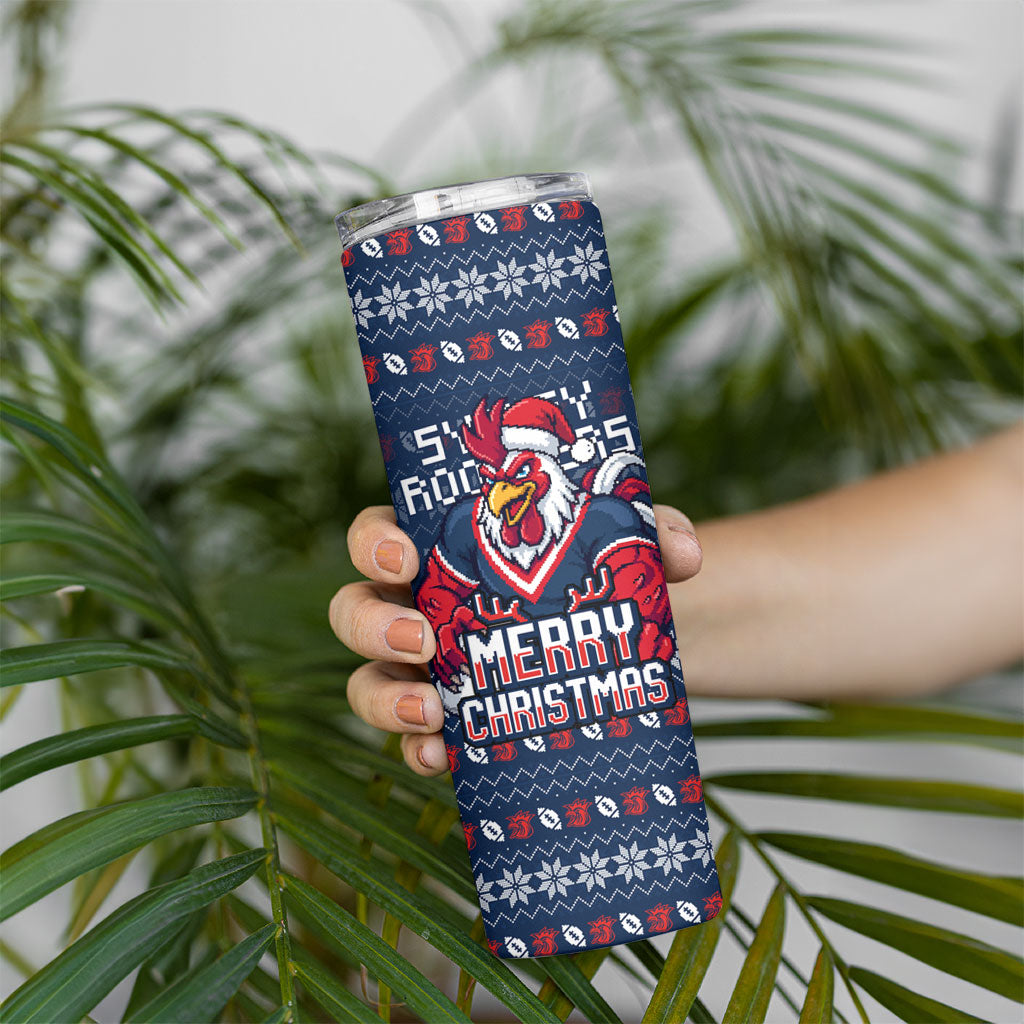 Personalized Sydney Roosters Christmas Skinny Tumbler Australian Rugby Fans - Pixelated Ugly Xmas Pattern Mascot Santa