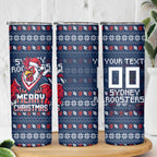 Personalized Sydney Roosters Christmas Skinny Tumbler Australian Rugby Fans - Pixelated Ugly Xmas Pattern Mascot Santa