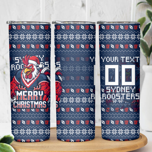Personalized Sydney Roosters Christmas Skinny Tumbler Australian Rugby Fans - Pixelated Ugly Xmas Pattern Mascot Santa