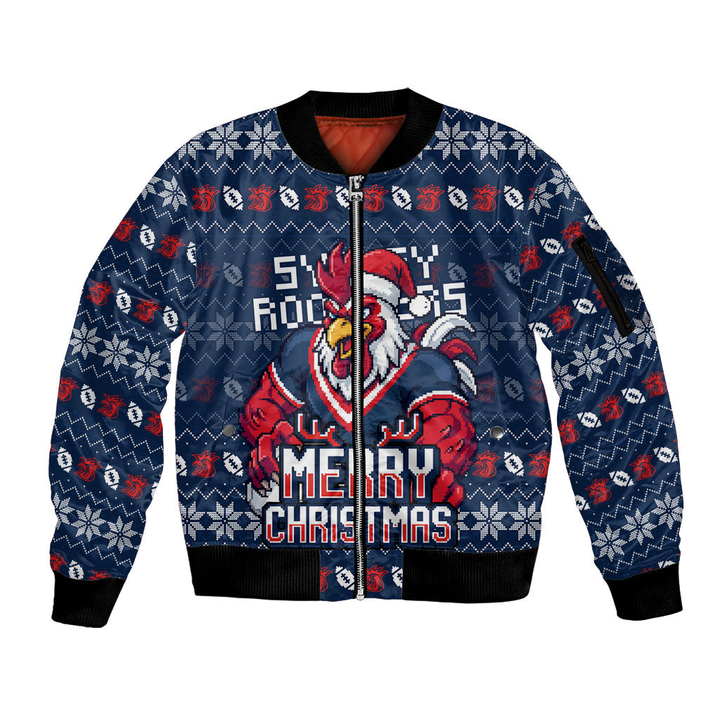 Personalized Sydney Roosters Christmas Sleeve Zip Bomber Jacket Australian Rugby Fans - Pixelated Ugly Xmas Pattern Mascot Santa