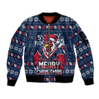 Personalized Sydney Roosters Christmas Sleeve Zip Bomber Jacket Australian Rugby Fans - Pixelated Ugly Xmas Pattern Mascot Santa