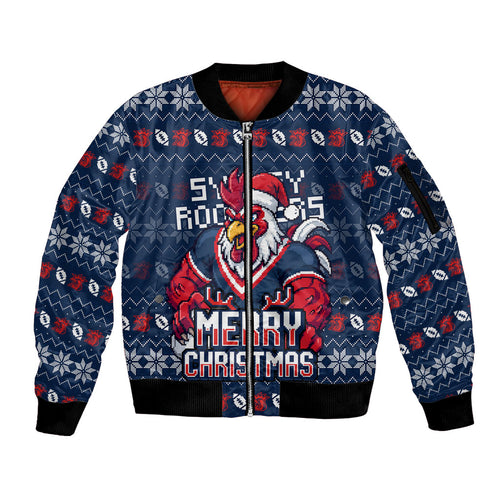 Personalized Sydney Roosters Christmas Sleeve Zip Bomber Jacket Australian Rugby Fans - Pixelated Ugly Xmas Pattern Mascot Santa