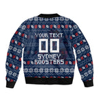 Personalized Sydney Roosters Christmas Sleeve Zip Bomber Jacket Australian Rugby Fans - Pixelated Ugly Xmas Pattern Mascot Santa