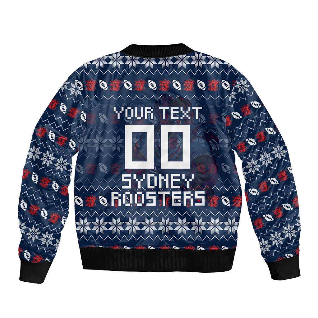 Personalized Sydney Roosters Christmas Sleeve Zip Bomber Jacket Australian Rugby Fans - Pixelated Ugly Xmas Pattern Mascot Santa