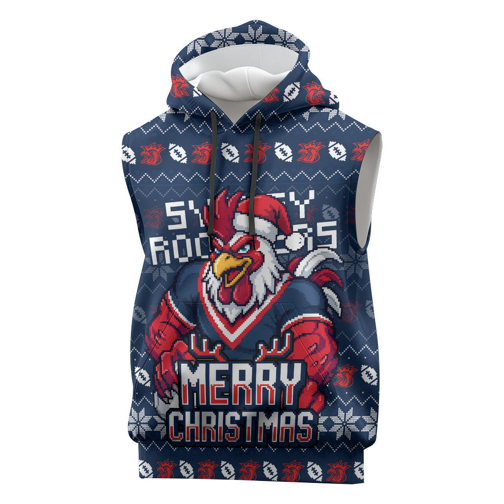 Personalized Sydney Roosters Christmas Sleeveless Hoodie Australian Rugby Fans - Pixelated Ugly Xmas Pattern Mascot Santa