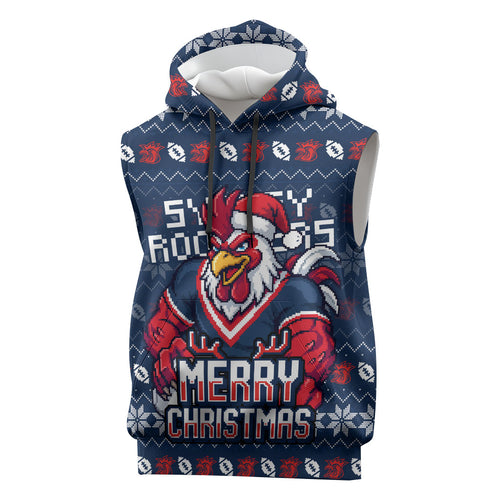 Personalized Sydney Roosters Christmas Sleeveless Hoodie Australian Rugby Fans - Pixelated Ugly Xmas Pattern Mascot Santa