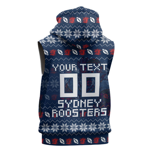 Personalized Sydney Roosters Christmas Sleeveless Hoodie Australian Rugby Fans - Pixelated Ugly Xmas Pattern Mascot Santa
