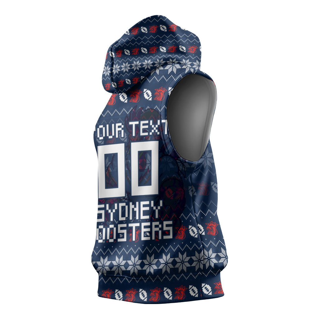 Personalized Sydney Roosters Christmas Sleeveless Hoodie Australian Rugby Fans - Pixelated Ugly Xmas Pattern Mascot Santa