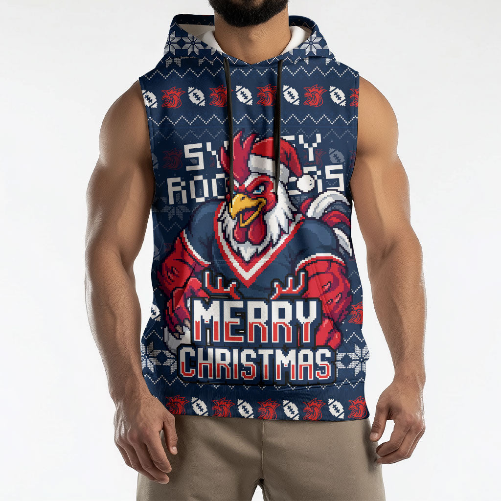 Personalized Sydney Roosters Christmas Sleeveless Hoodie Australian Rugby Fans - Pixelated Ugly Xmas Pattern Mascot Santa
