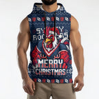 Personalized Sydney Roosters Christmas Sleeveless Hoodie Australian Rugby Fans - Pixelated Ugly Xmas Pattern Mascot Santa